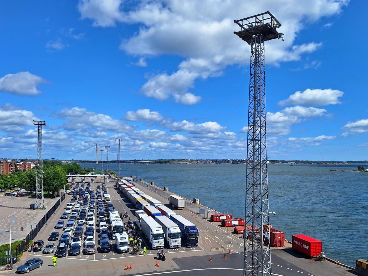 Cruise quays at Katjanokka and cargo waiting to drive to a ferry.